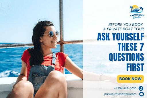 Woman relaxing on a private boat tour with ocean views, promoting questions to ask before booking a private boat tour with Lauderdale Charters.