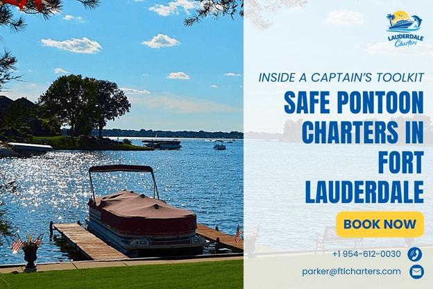 Covered pontoon boat at a wooden dock on a lake, featuring text “Safe Pontoon Charters in Fort Lauderdale” from Lauderdale Charters.